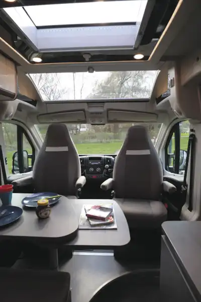 View of the cab seats in the  Globecar Summit Prime 640 campervan (Click to view full screen)