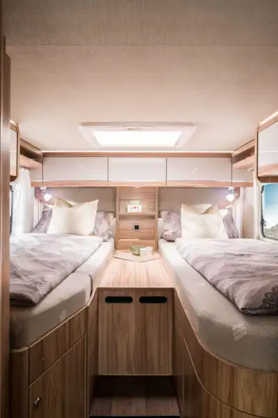 The rear twin single beds in Hymer's latest T-CL 574 Ambition (Click to view full screen)