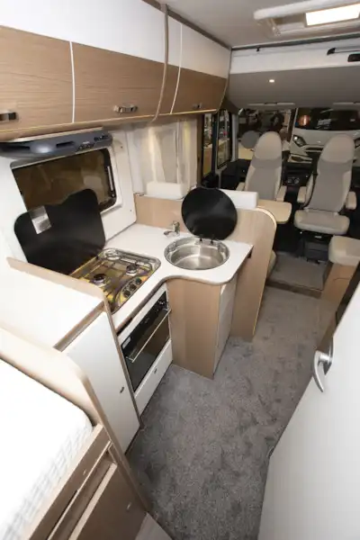 The kitchen area in the Carado I338 Clever A-class motorhome (Click to view full screen)