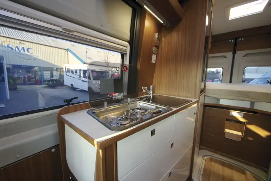 The kitchen in the Globecar Campscout Revolution campervan (Click to view full screen)