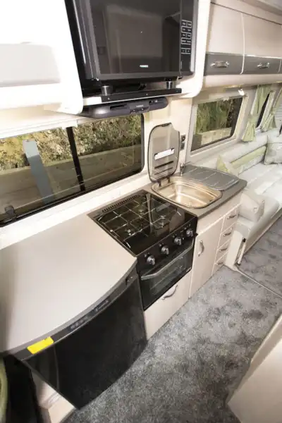 The kitchen in the Auto-Sleeper Warwick Duo motorhome (Click to view full screen)