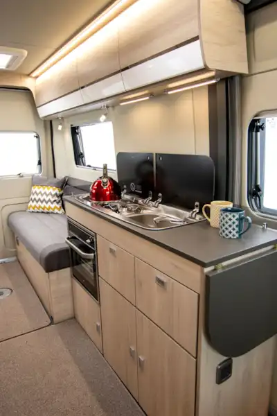 The kitchen in the Benivan 120 campervan (Click to view full screen)