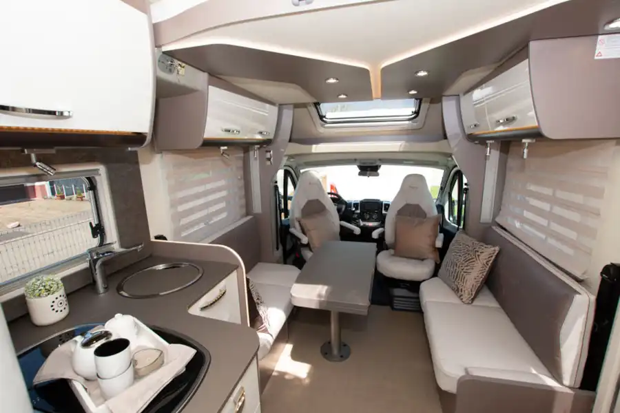 The kitchen, lounge and cab in the The Bürstner Lyseo TD 736 Harmony motorhome (Click to view full screen)