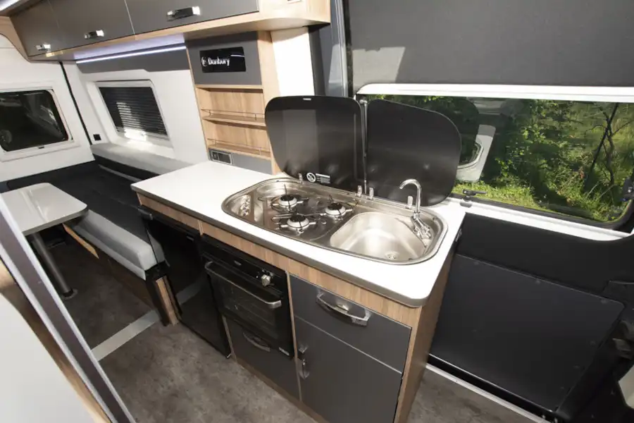 The kitchen in the Danbury Avenir 63 LG campervan (Click to view full screen)