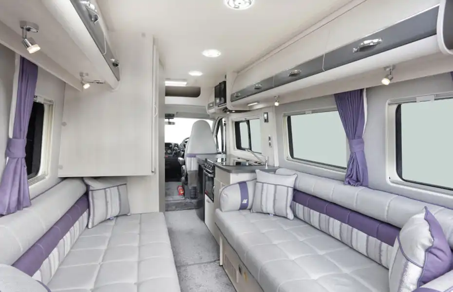 The lounge, from front to back, in the Auto-Sleeper Warwick Duo motorhome (Click to view full screen)