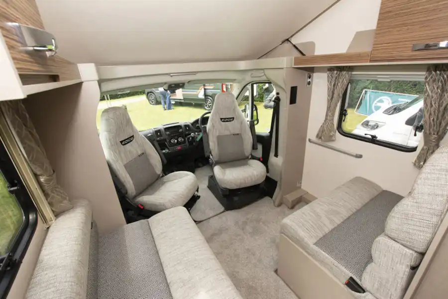 The lounge and cab area in the Swift Edge 494 motorhome (Click to view full screen)