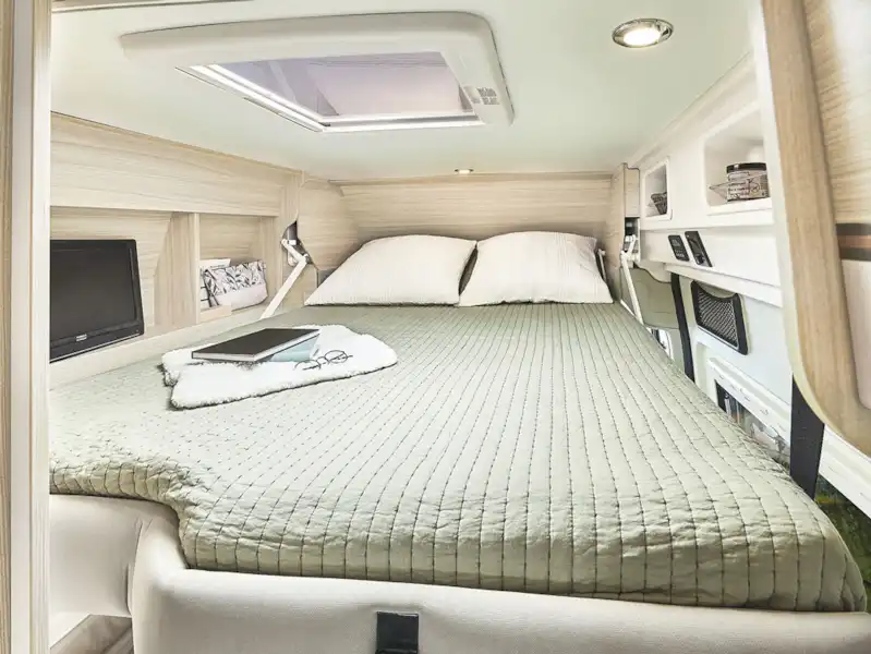 The drop-down double bed in the Dreamer Camper Five campervan (Click to view full screen)