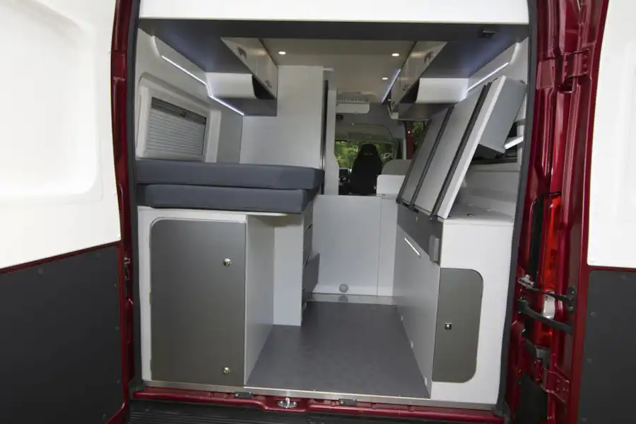 With the rear doors of the Danbury Avenir 60TW campervan open (Click to view full screen)
