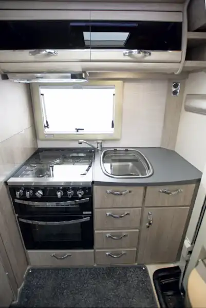 The sink, hob and oven in the Auto-Sleepers Broadway EK TB LP motorhome (Click to view full screen)