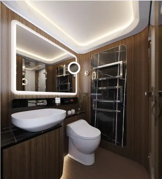 The Dembell Small Garage A-class motorhome washroom (Click to view full screen)