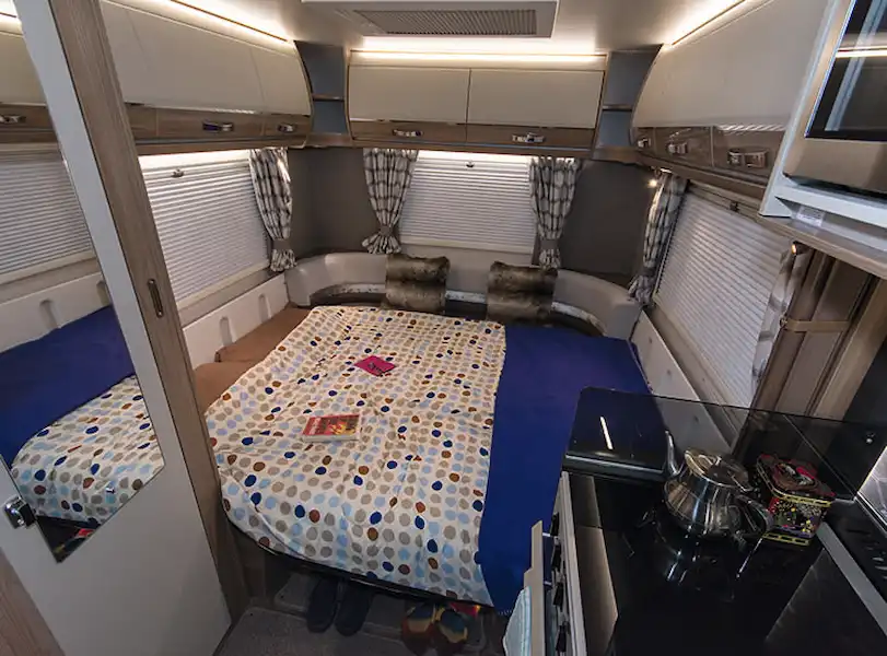 The rear lounge transverse double is easy to assemble - but you might want a mattress topper (Click to view full screen)