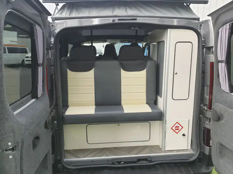 With the rear doors open in the Calder Campers Renault Trafic Auto campervan (Click to view full screen)