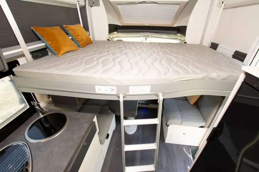 Drop down bed in the Chausson 778 motorhome (Click to view full screen)