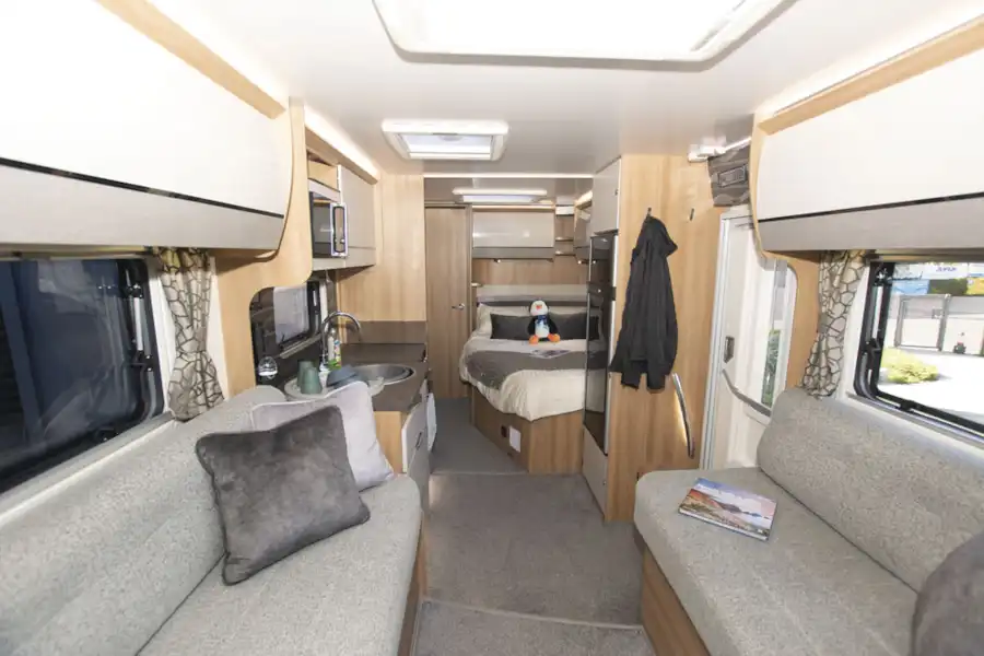 View through the lounge to the rear bedroom in the Bailey Autograph 79-2F motorhome (Click to view full screen)