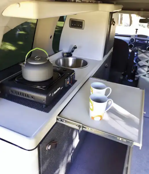 The kitchen in the Stimson Free Spirit campervan  (Click to view full screen)