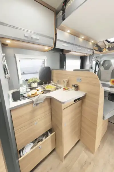 The kitchen in the Dethleffs Trend Edition T 7057 motorhome (Click to view full screen)