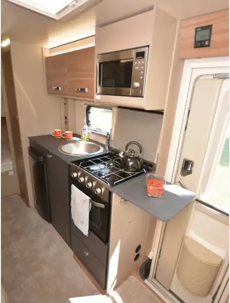 The kitchen in the Swift Champagne Edge 466 (Click to view full screen)
