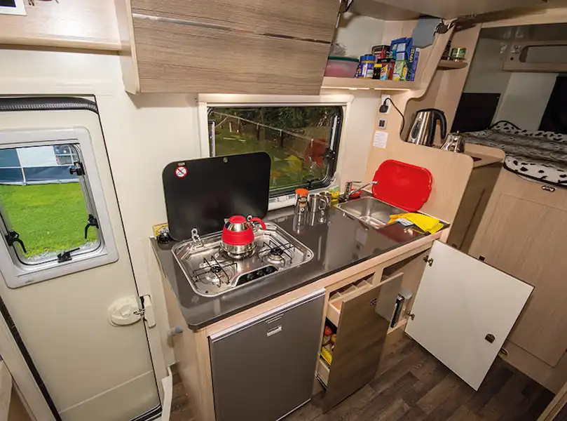 A kitchen with a spacious worktop for a continental 'van (Click to view full screen)