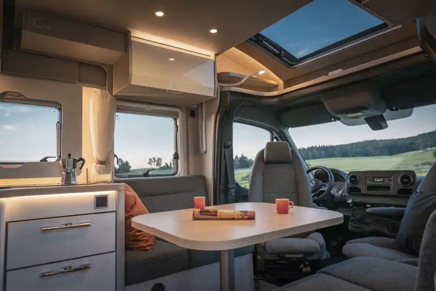 The cab and lounge in the Hymer T-Class S 695 motorhome (Click to view full screen)