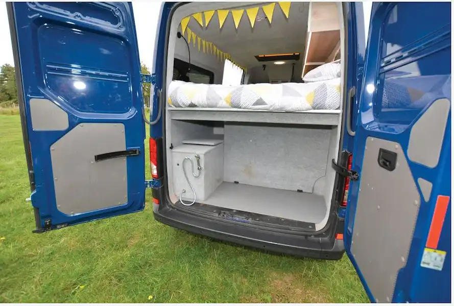 The Standout Campers VW Crafter campervan rear (Click to view full screen)