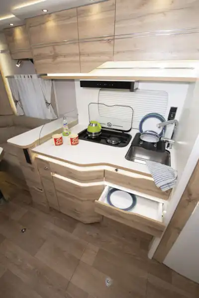 The kitchen in The U-shaped rear lounge in Le Voyageur Classic LV7.8LU motorhome (Click to view full screen)