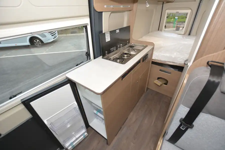 The kitchen in the Carado V600 Clever + Edition campervan (Click to view full screen)