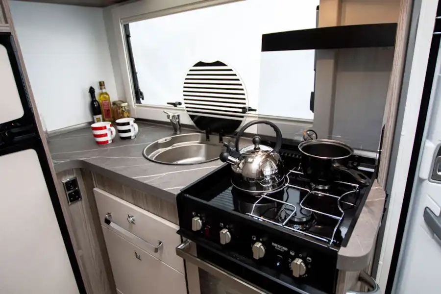 The kitchen in the Benimar Mileo 202 motorhome (Click to view full screen)