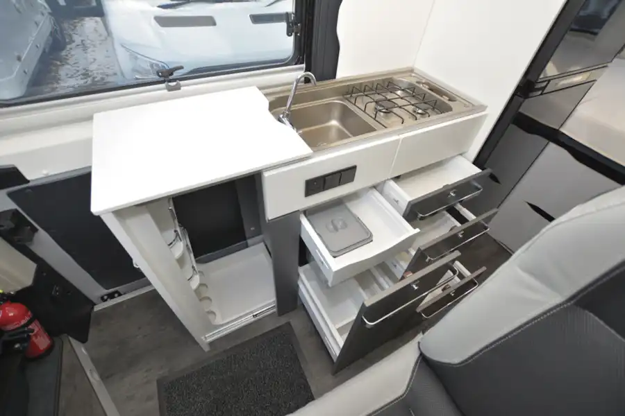 The kitchen in the Pilote Van V600G campervan (Click to view full screen)