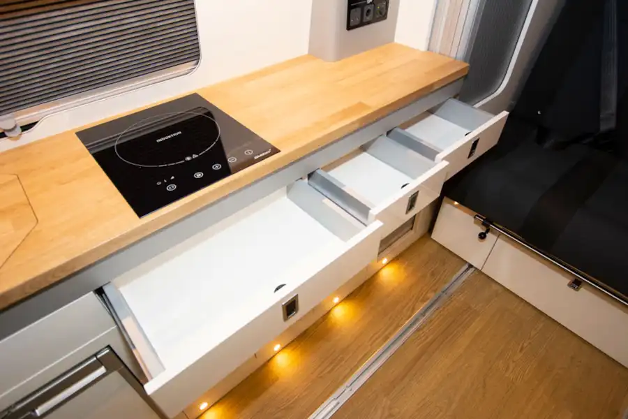 Drawers in the Three Bridge Tourer LWB campervan (Click to view full screen)