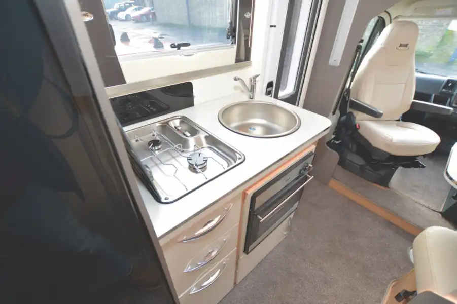 The kitchen area in the McLouis Fusion 330 motorhome (Click to view full screen)