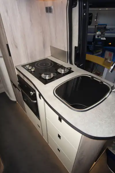 The kitchen in the WildAx Elara campervan (Click to view full screen)