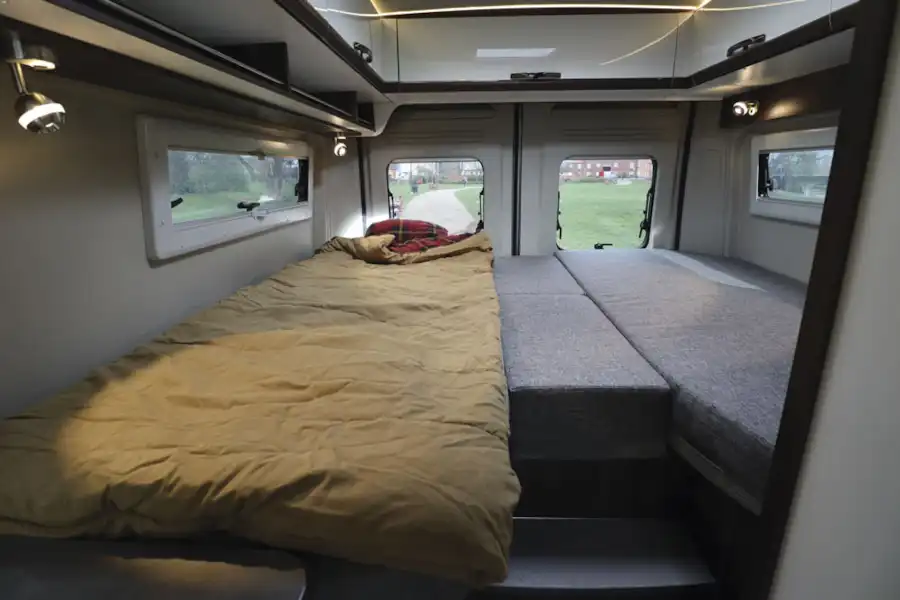 With beds folded down in the  Globecar Summit Prime 640 campervan (Click to view full screen)