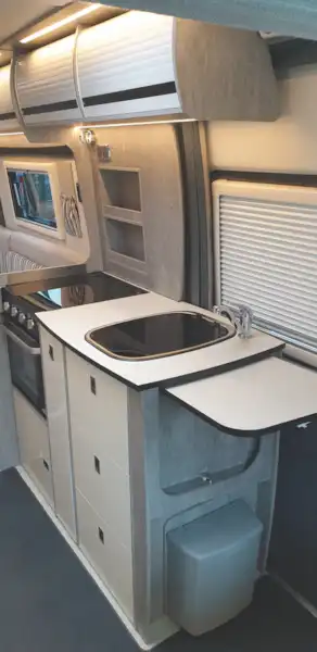 The kitchen in the WildAx Europa campervan (Click to view full screen)