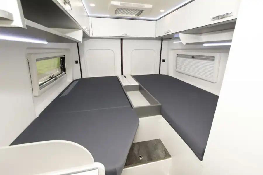 With the beds folded down in the Danbury Avenir 60TW campervan (Click to view full screen)