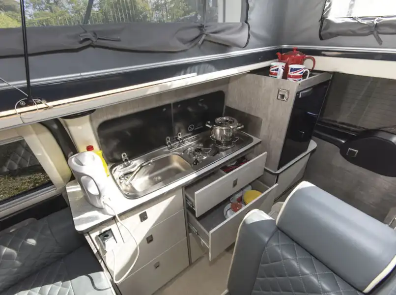 The kitchen in the WildAx Triton campervan (Click to view full screen)