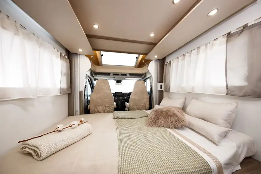 The front lounge bed in the Benimar Tessoro 487 motorhome (Click to view full screen)