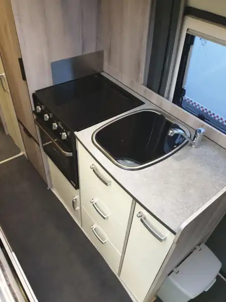 The kitchen in the WildAx Aurora campervan (Click to view full screen)