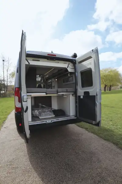 With rear doors open in the  Globecar Summit Prime 640 campervan (Click to view full screen)
