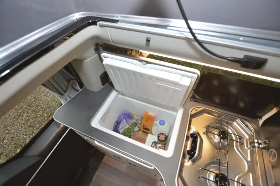 Close up of the fridge and hob in the Ford Nugget  (Click to view full screen)