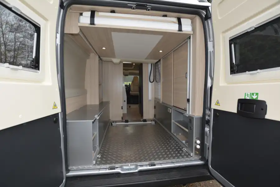 With the rear doors of the Dreamer D60 Fun campervan open (Click to view full screen)