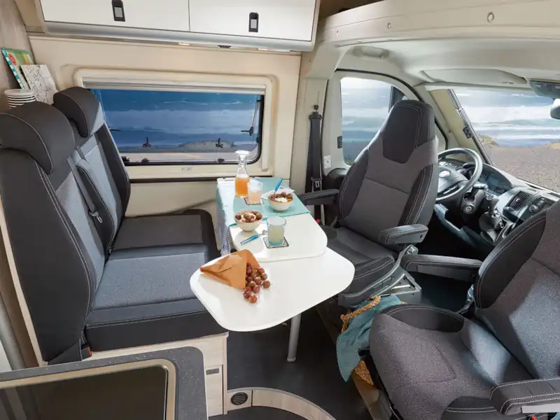 The cab and lounge seats in the Westfalia Amundsen 600D campervan (Click to view full screen)