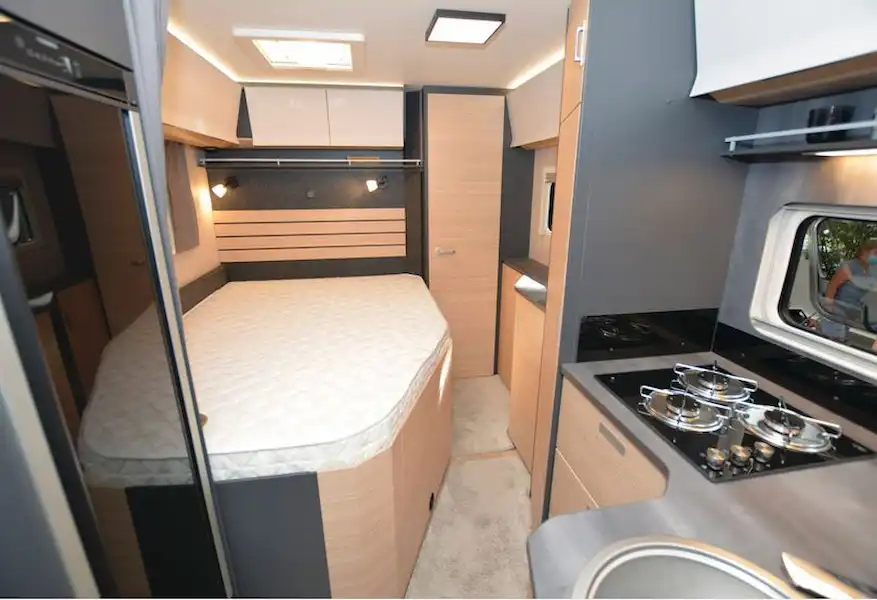 The Hobby Optima De Luxe T70 F low-profile motorhome bedroom (Click to view full screen)