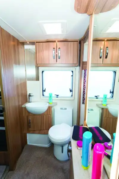 Unusually among centre shower room caravans, the washbasin is beside the toilet (Click to view full screen)