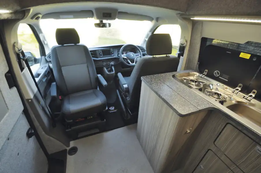 The kitchen in the Heart of England Velare campervan (Click to view full screen)