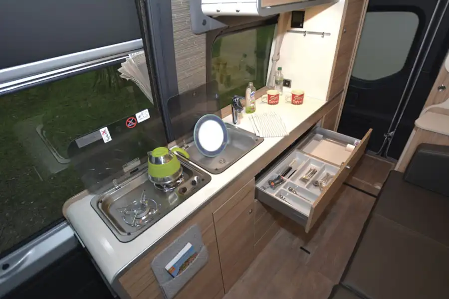 The kitchen in the Hymer DuoCar S motorhome (Click to view full screen)