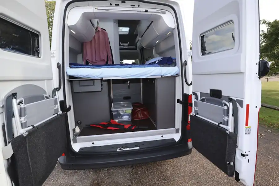 With the rear doors in the Grand California 600 campervan open (Click to view full screen)