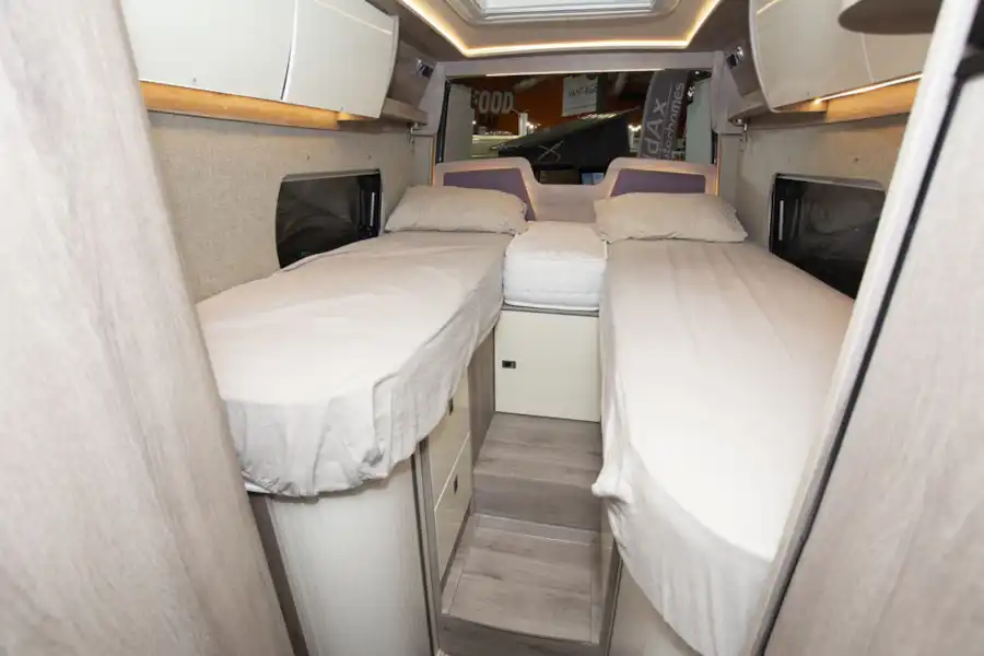 Twin single beds in the WildAx Elara campervan (Click to view full screen)